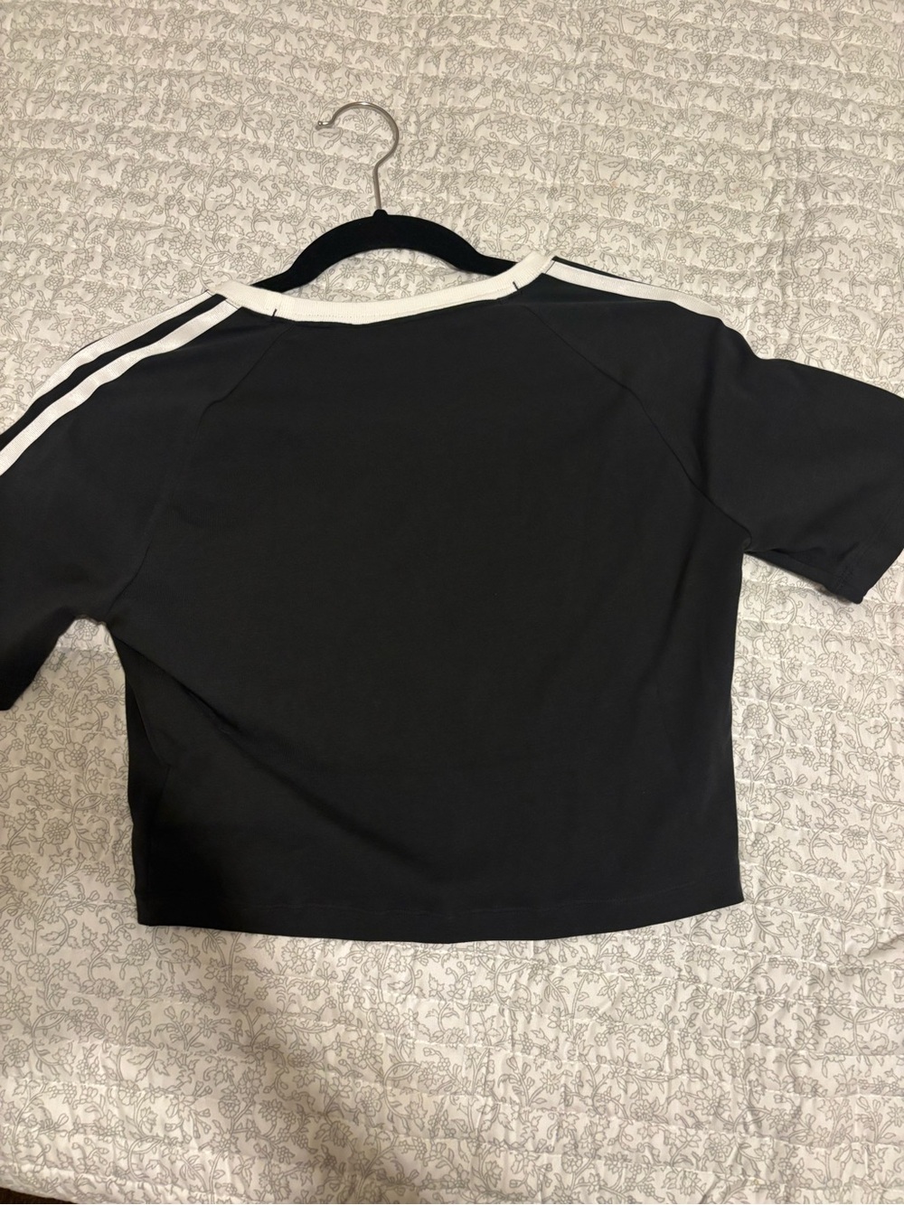 NWOT Women’s Adidas Black Cropped Tee with White Stripes - Picture 2 of 3